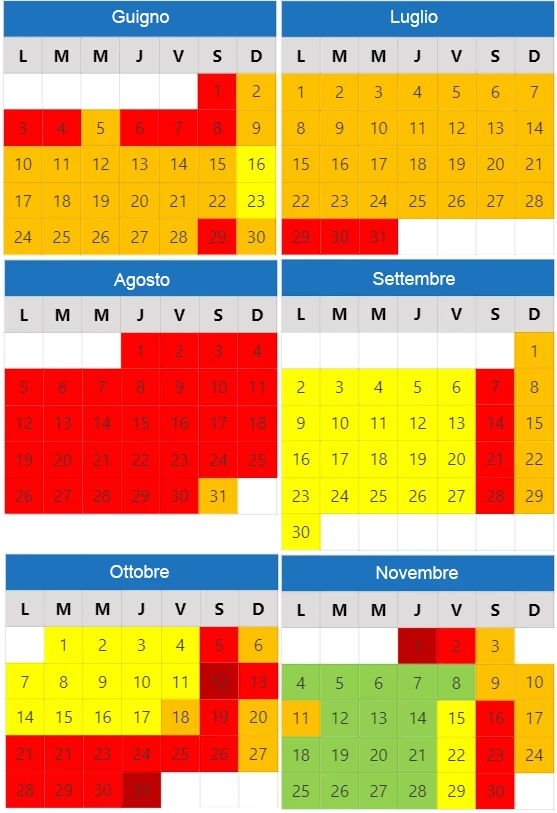 calendario delle presenze da giugno a novembre 2024, giorno per giorno