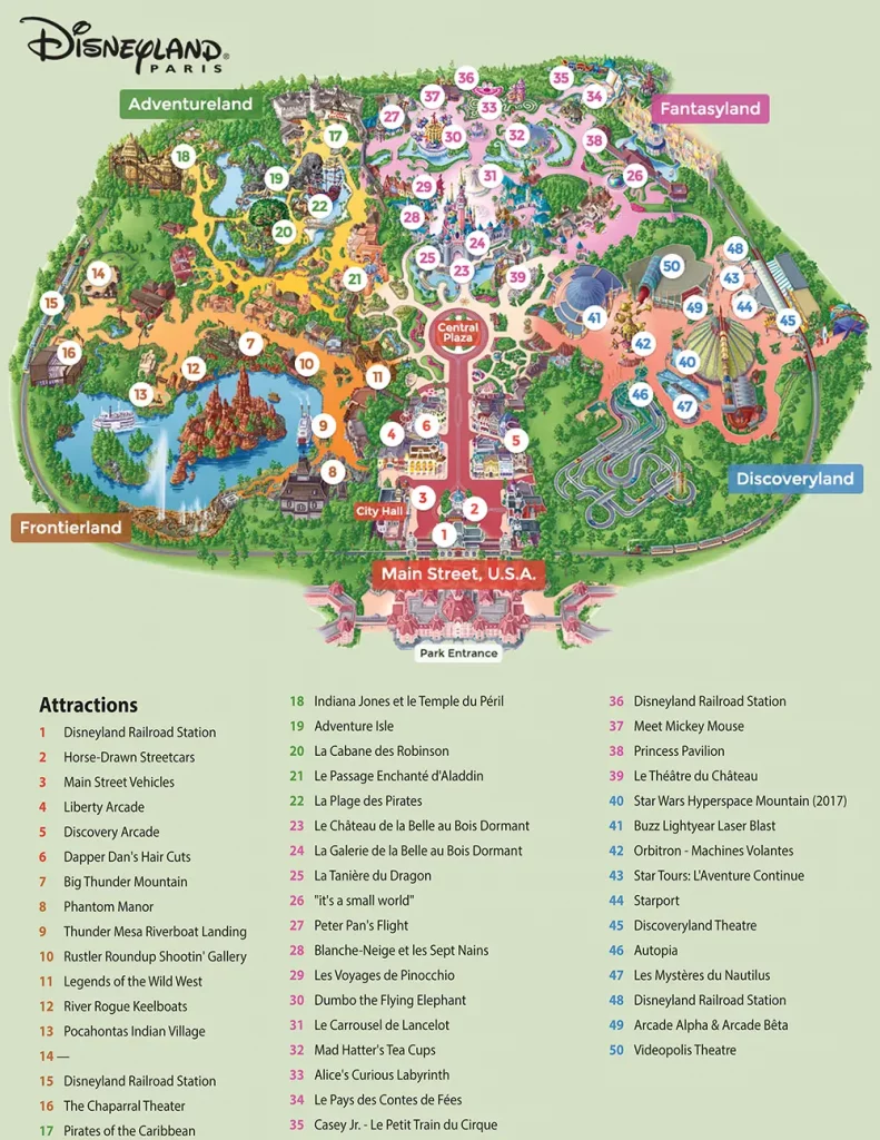 mappa del parco Disneyland con leggende delle attrazioni